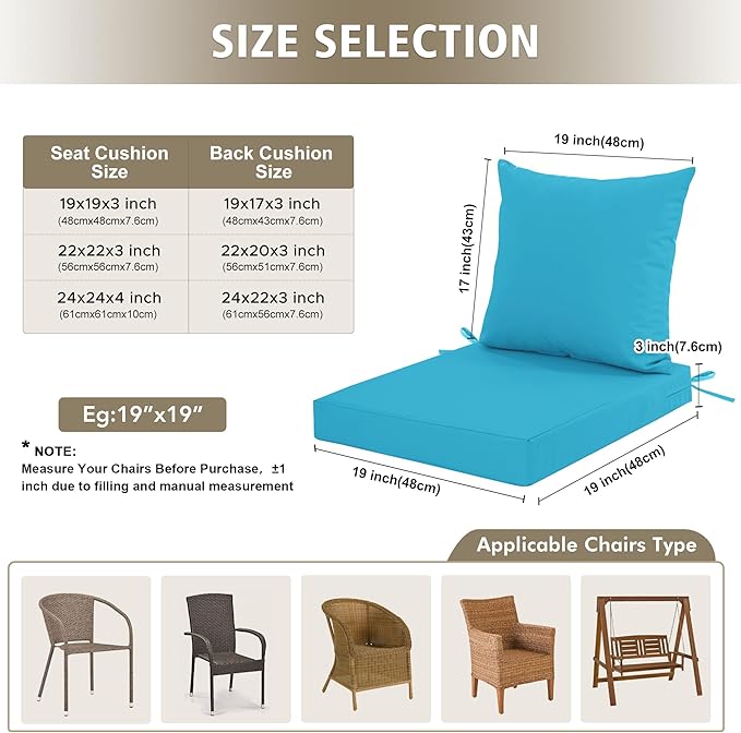 24x24 Inch Outdoor Cushions for Patio Furniture, Waterproof Outdoor Chair Cushions w/Fade-Resistant, Removable & Machine-Washable Covers, Deep Seat Sofa/Couch Pad Replacement – Set of 1/2/4, Teal