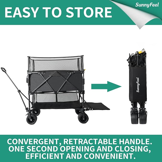 SUNNYFEEL 550L Large Capacity Folding Sports Wagon, 550LBS Heavy Duty Collapsible Cart,Extra High Extender Wagon Cart with Tailgate, All-Terrain Big Wheels for Camping Fishing & Outdoor Use,Black