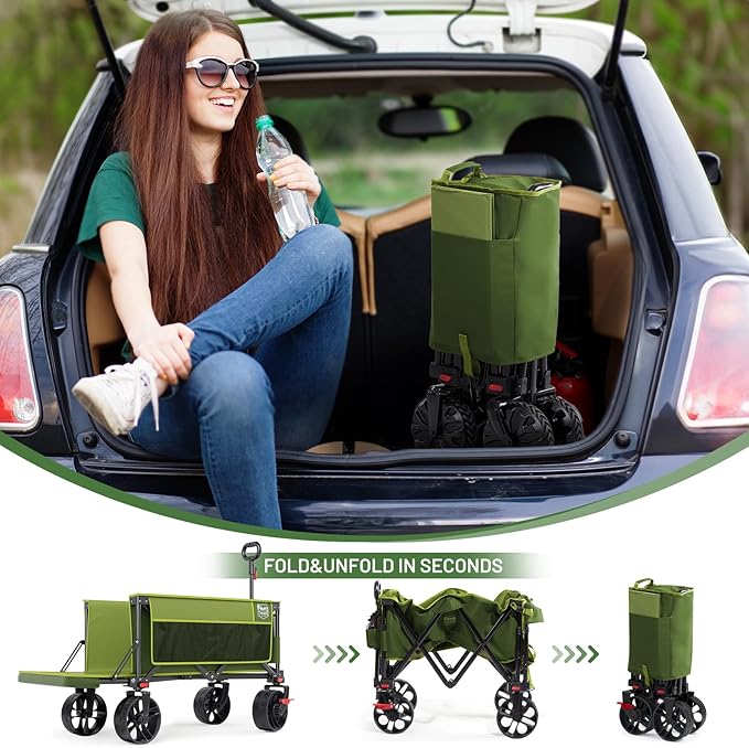 Timber Ridge 47" L Collapsible Wagon with Tailgate & Brake, 300lbs Heavy Duty Beach Wagon with All-Terrain Big Wheels, 250L Foldable Utility Cart for Sand Camping Sports Shopping, Green