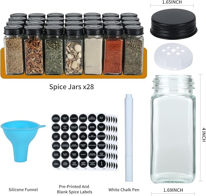 Spice Rack Organizer with 28 Spice Jars, Black Lids,Spice Labels, Chalk pen and Funnel Set for Cabinet, Countertop, Pantry, Cupboard or Wall Mount
