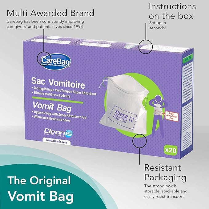 The Original Carebag Emesis Bag with Super Absorbent Pouch- Absorbs 16 oz, No More Leaks and Splashes- Single Use- Reduces Odors- Easy Disposal, 20 Vomit Bags