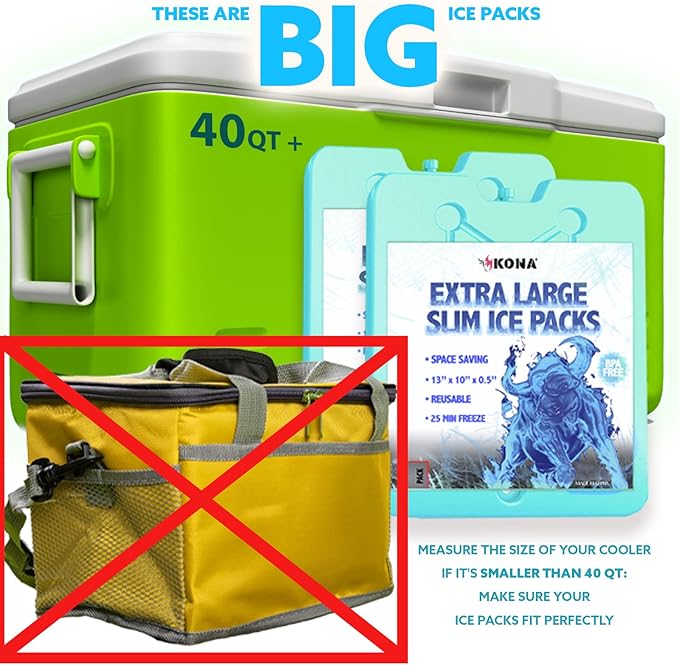 Kona XL Large Cooler Ice Pack - Reusable Long Lasting Dry Ice Packs, 10x13 Inch, 25 Min Freeze