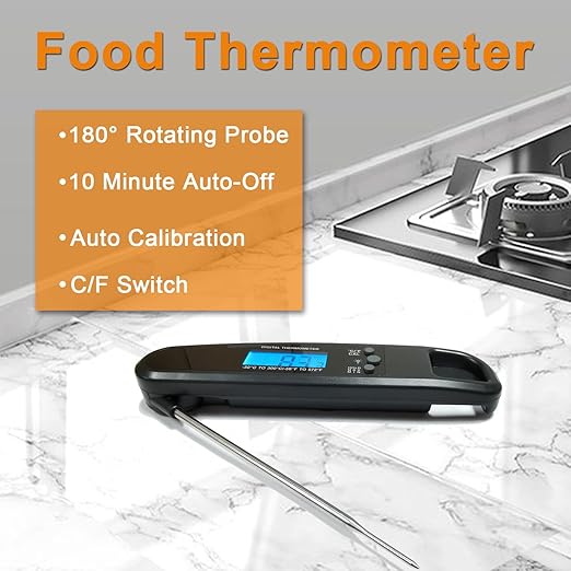 Instant Read Meat Thermometer for Kitchen Cooking, Ultra Fast Precise Waterproof Digital Food Thermometer with Backlight, Magnet and Foldable Probe for Deep Fry, Outdoor BBQ, Grill(Black)
