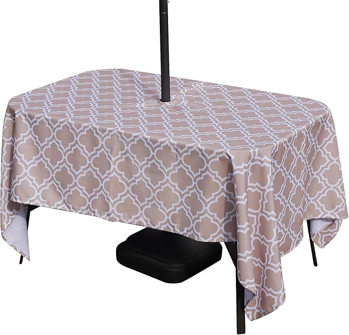 Poise3EHome Outdoor Tablecloth Rectangle with Umbrella Hole Waterproof Spillproof for Patio Table Picnic Camping Spring Summer, Khaki (52X70 Zipper)