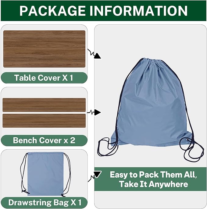 Picnic Table Cover with Bench Covers Elastic Edges, Wooden Brown Fitted Table Cover, Outdoor Patio Camping Essentials 72 Inch 3PCS, Waterproof Camping Fitted Tablecloth with Drawstring Bag