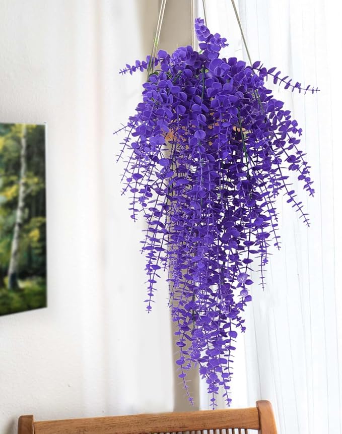 RECUTMS Artificial Hanging Plants Fake Plants Greenery Vines Aritificial Plants Eucalyptus Purple Leaves Hanging Vines Plant Colorful Outdoor Faux Vines Wall Decoration(Pure Purple)