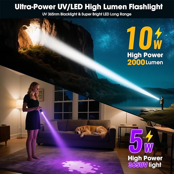 UV Blacklight&High Lumens Flashlight Rechargeable, Powerful Blacklight Flashlights for Pet Urine Detection, Resin Curing, Scorpion, Zoomable Waterproof Tactical LED Flashlight for Camping, Emgergency