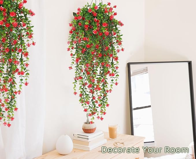 RECUTMS Artificial Hanging Plants Fake Hanging Vine Flowers Fake Plants Faux Hanging Plants Outdoor Faux Eucalyptus Leaf Greenery Wall Indoor Room Wall Wedding Patio Porch Decor(Red)