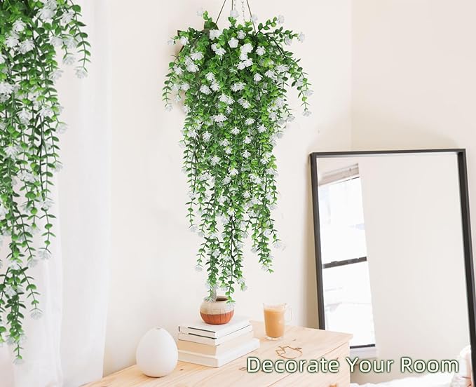 RECUTMS Artificial Hanging Plants Fake Hanging Plant Faux Eucalyptus Leaf Greenery Vine Outdoor UV Resistant Plastic Plants Home Garden Wedding Party Indoor Outdoor Decorations(White)