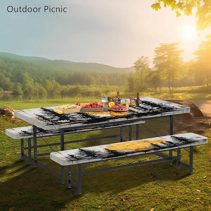 CAPSCEOLL Fitted Picnic Table Cover with Bench Covers with Elastic 6Ft Waterproof Camping Picnic Table Cover Cloths for Outdoors Tablecloth with Drawstring Bag, 72X30in, Camping on Wood