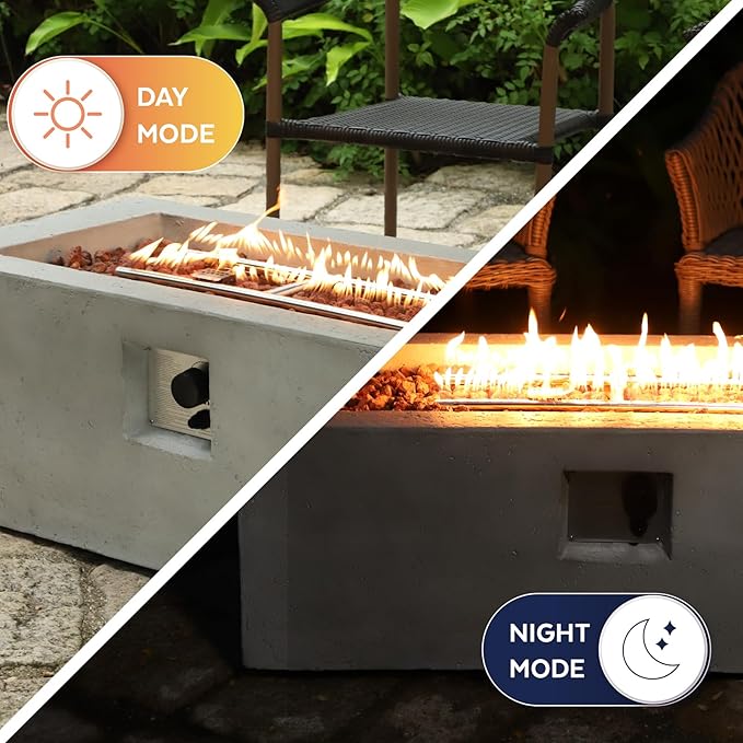 Rectangular Propane Fire Pit,42 Inch Outdoor Fire Pit Table 2-Piece 50,000 BTU,Concrete Firepit with Tank Cover Table w/Lava Rocks Gas Fireplace for Patio & Deck
