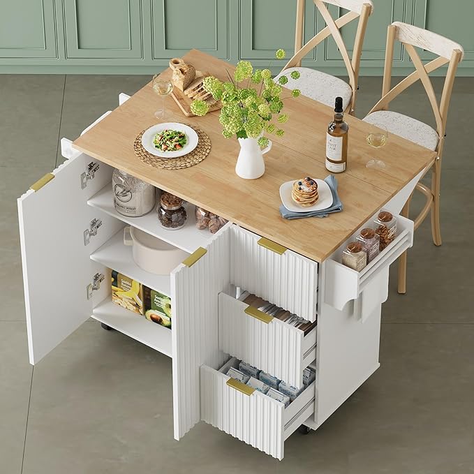win2win Rolling Kitchen Island with Storage, Portable Kitchen Island with Drop Leaf Breakfast Bar, Modern Farmhouse Kitchen Cart on Wheels with Fluted Design, Towel Rack, Spice Rack, White