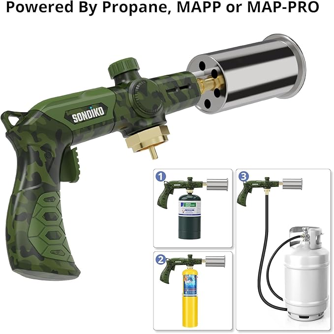 Sondiko Powerful Propane Torch L8010, Sous Vide, Campfire Starter, Adjustable Gas Welding Kit for Searing Steak, BBQ, Gas Welding(Camouflage) Propane Tank Not Included