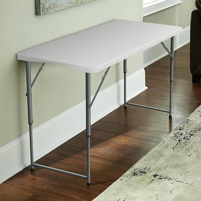 SKOK 330lbs Folding Picnic Table 4/6/8 Foot Adjustable Height, 4/6/8FT Plastic Table Portable w/Handle, Utility Commercial Craft Sewing Card Table w/Heavy Duty Frame for Party Events