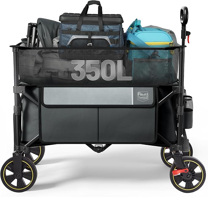 Timber Ridge 350L Extra Large Collapsible Folding Wagon Carts with Brake, Heavy Duty Outdoor Camping Utility Wagons with Extended Height, Adjustable Handle, Cup Holders, Side Bag (Gray)