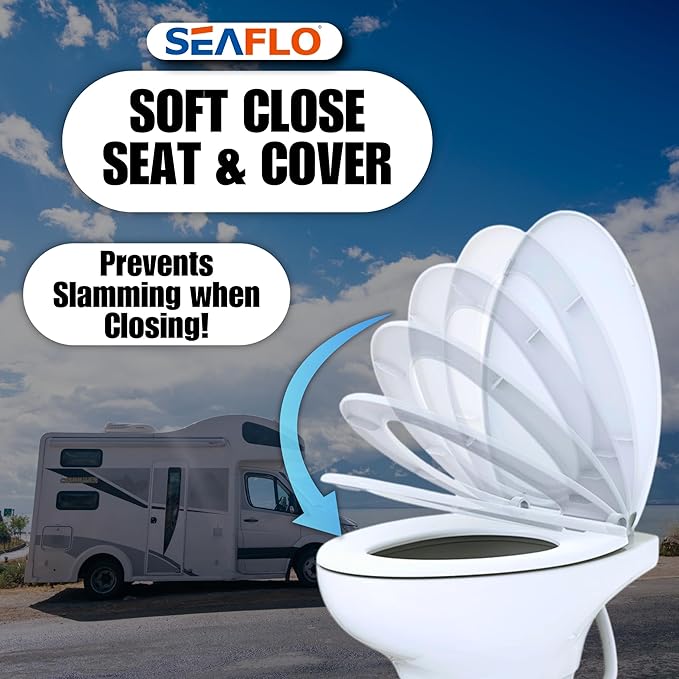 SEAFLO Ceramic Residential Height Camper/RV Toilet with Sprayer Attachment & Elongated Ceramic Bowl, 19” Standard Height, Gravity Flush System, Foot Pedal Operation, Soft Close Seat, 4-Year Warranty