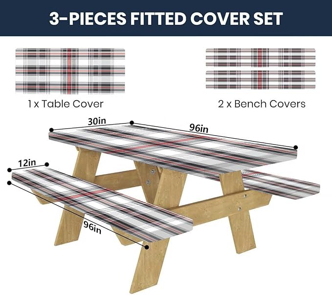 CAPSCEOLL Fitted Picnic Table Cover with Bench Covers with Elastic 8Ft Waterproof Camping Picnic Table Cover Cloths for Outdoors Camping Tablecloth with Drawstring Bag, 96X30in, Grey Red