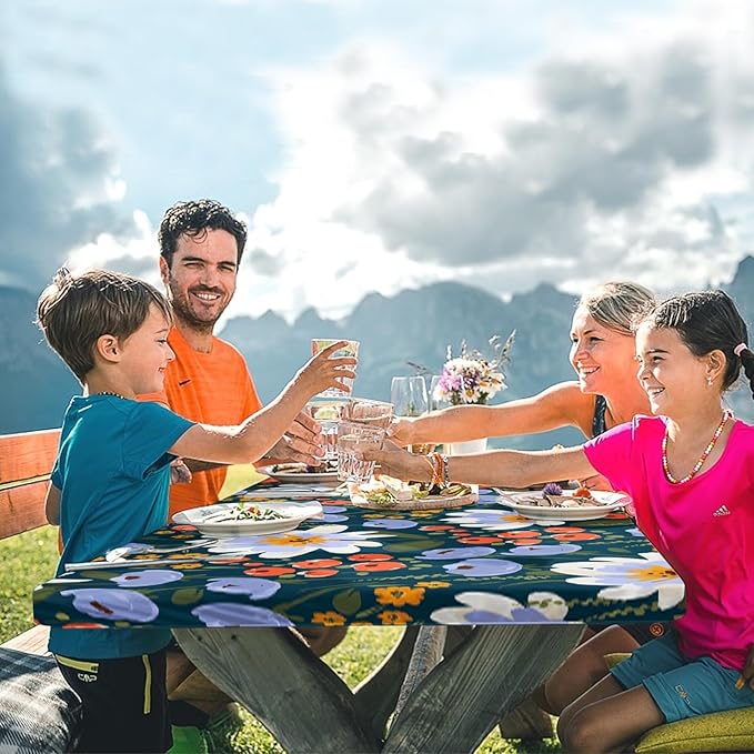 Picnic Table Cover with Bench Covers Elastic Edges, Floral Fitted Table Cover, Outdoor Patio Camping Essentials 72 Inch 3PCS, Waterproof Camping Fitted Tablecloth with Drawstring Bag