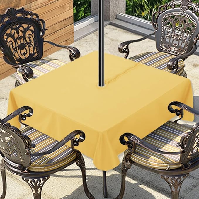 LUSHVIDA Square Outdoor Tablecloth with Umbrella Hole and Zipper, 60x60 Inch Yellow, Washable Waterproof Table Cloth Spill Proof Wrinkle Free Table Cover for Patio Spring Summer Picnic BBQS