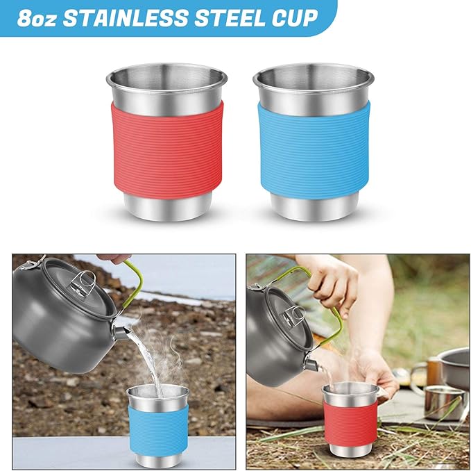 Odoland 16pcs Camping Cookware Mess Kit with Folding Camping Stove, Non-Stick Lightweight Pots Pan Set with Stainless Steel Cups Plates Forks Knives Spoons for Camping, Backpacking, Outdoor Cooking