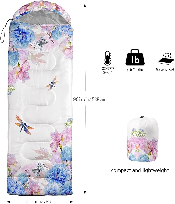 Sleeping Bags for Adults and Kids,3D Printing Camping Sleeping Bag for Girls Boys Lightweight Waterproof Cold/Warm 3-Season,Outdoor Travel with Compression Bags
