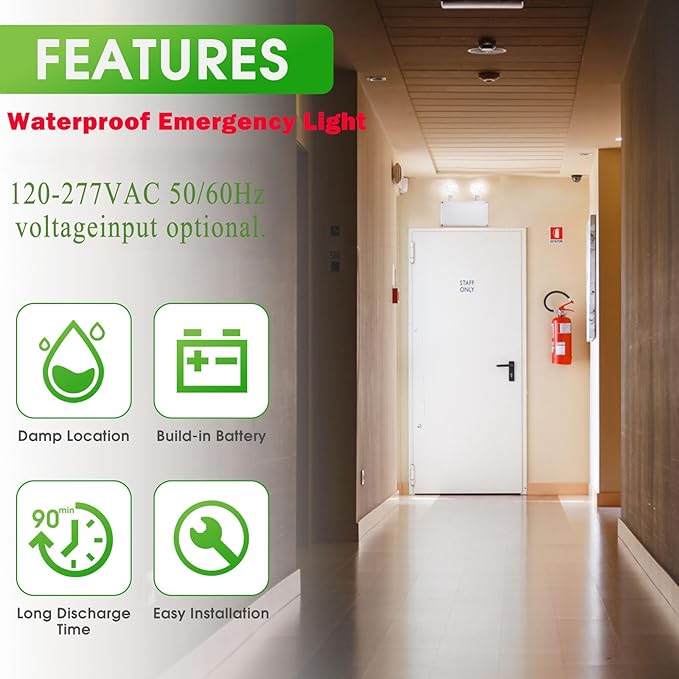Waterproof LED Emergency Light, White housing, Dual Rotational LED Emergency Light with Backup Battery, Commercial Grade, Fire Resistant,Suitable for Wall Mount, Wet Location WMU