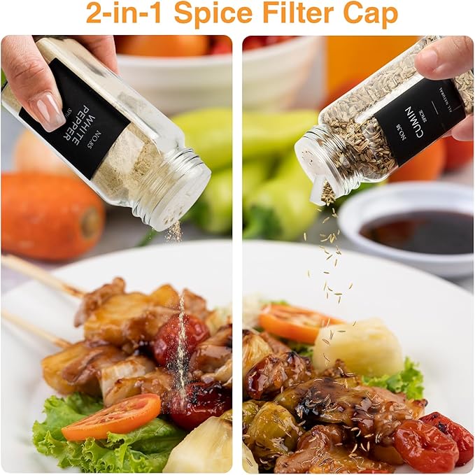 12 Pcs Glass Spice Jars with Label, 4oz Spice Jars with Lids, Seasoning containers Set, Comes with spice bottle caps, Silicone Collapsible Funnel,chalk, for Spice Rack, Cabinet, Drawer