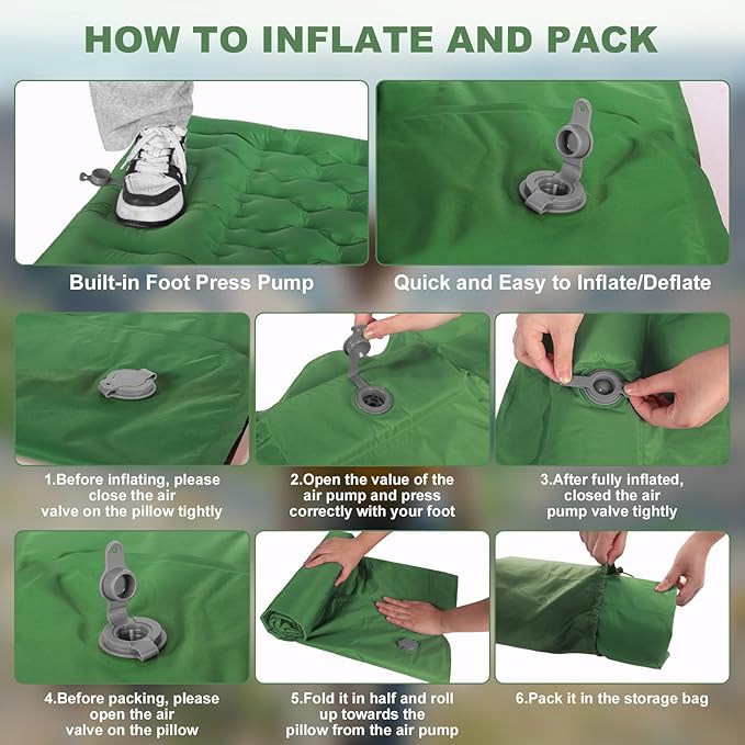 Camping Sleeping Pad with Pillow: Extra Thick 4.7 Inch Ultralight Self Inflating Air Mat, Connectable 50D Insulated Sleep Mattress for Backpacking, Camp, Hiking, Tent (Olive Green)
