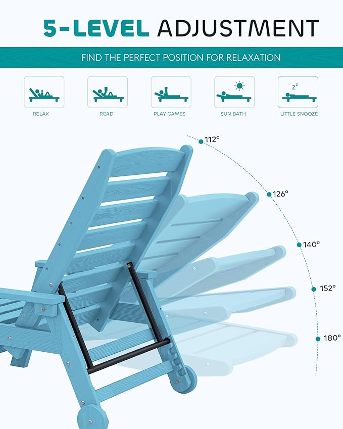 SERWALL Patio Chaise Lounge Chair Set of 2, 78'' Long 5-Positions Adjustable HDPE Outdoor Lounge Chair for Pool, Poly Lounge Chair with Rolling Wheels & Cup Holder for Poolside, Deck, Light Blue