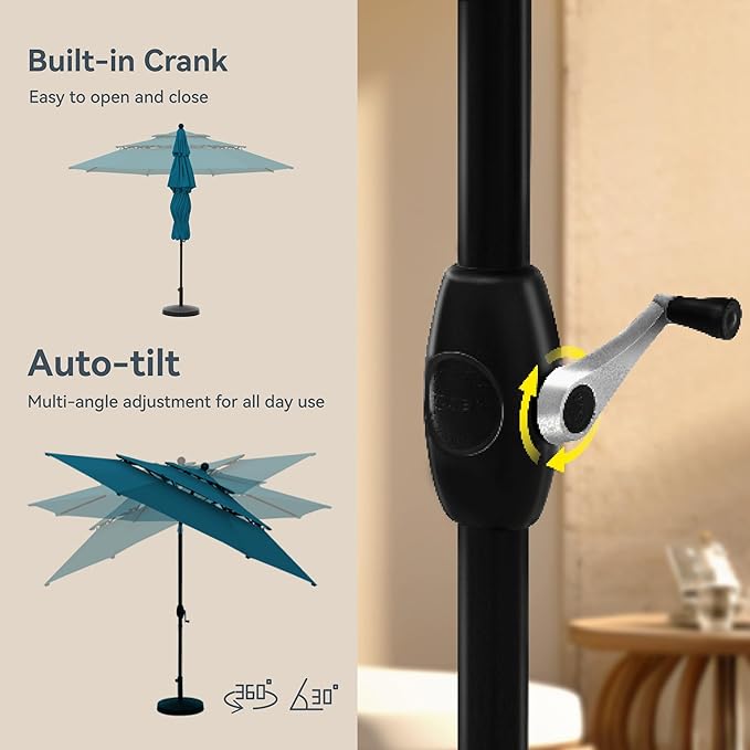 PHI VILLA 10ft Outdoor Patio Umbrellas for Outside, 3 Tier Vented Market Table Umbrella Windproof for Backyard, Deck, Garden, 1.5" Pole, Cyan(No Base)