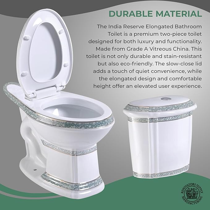 Renovators Supply India Reserve Elongated Two Piece Bathroom Toilet, Green Finish 0.8 GPF/1.6 GPF WaterSense, Porcelain Dual Flush ADA Decorative Toilet