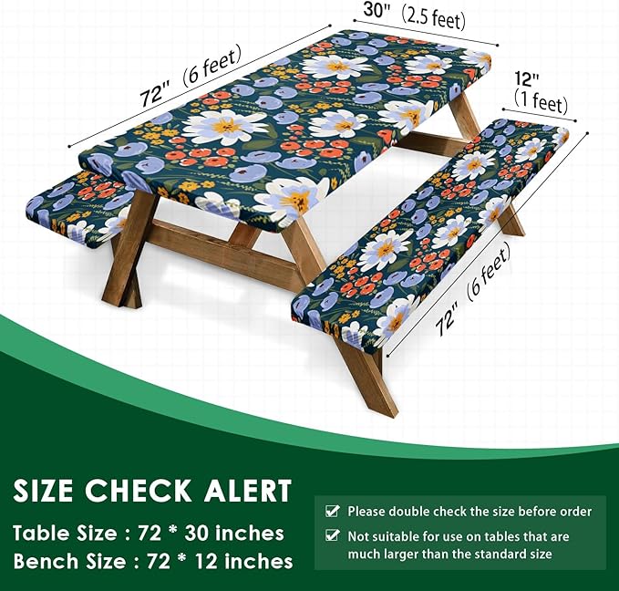 Picnic Table Cover with Bench Covers Elastic Edges, Floral Fitted Table Cover, Outdoor Patio Camping Essentials 72 Inch 3PCS, Waterproof Camping Fitted Tablecloth with Drawstring Bag