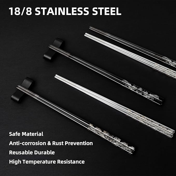 Reusable Metal Chopstick, Laser-Engraved Non-Slip Grip, Dishwasher Safe, Japanese & Korean Style, 2 Pairs Stainless Steel Chopsticks Gift Set for Cooking, Dining & Travel (9")