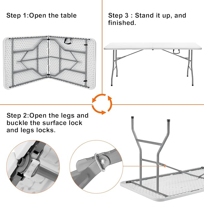 SKOK 330lbs Folding Table 6ft, Plastic Picnic Table Portable with Handle, 6 Foot Folding Table Long with Thicker Tabletop, White Tailgating Utility Commercial Craft Foldable Table for Party & Events