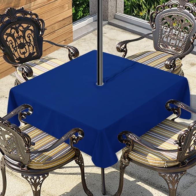 LUSHVIDA Square Outdoor Tablecloth with Umbrella Hole and Zipper, 60x60 Inch Blue, Washable Waterproof Table Cloth Spill Proof Wrinkle Free Table Cover for Patio Spring Summer Picnic BBQS