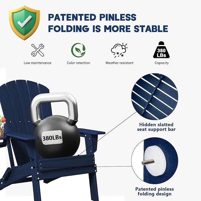 Folding Adirondack Chair, SGS Tested, Wooden Textured with Cup Holder, Heavy All-Weather HDPE Comfortable Set Poolside Backyard Lawn Navy Blue