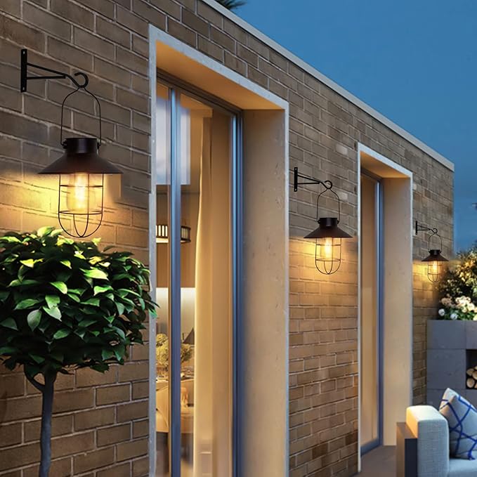 pearlstar Solar Lanterns Outdoor Metal Solar Powered Hanging Lights Waterproof for Wall Yard Garden Patio Garage Balcony Porch Fence Decor, Warm White Edison Bulb,with Wall Mount Kit(Black-1pack)