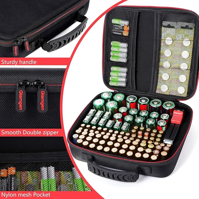 Battery Organizer Storage Case Box with Tester BT168 -for All Types Batteries Container, Fireproof & Waterproof Battery Keeper Caddy for Home Drawer, Small Cases Holder for AA AAA C D 9V (Holds 104+)