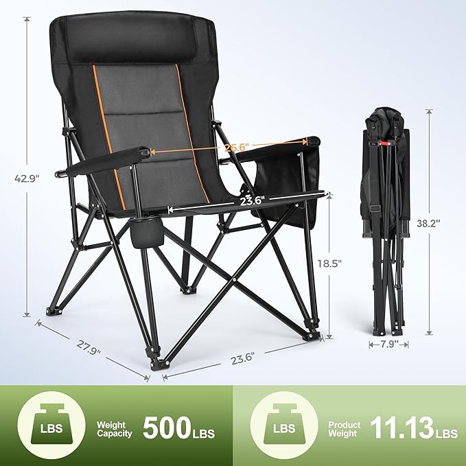 LET'S CAMP Oversized Camping Chairs 29.52" High Back Heavy Duty Lawn Chair Support 500LBS, Portable Collapsible Chair with Cup Holder, Side Pocket(Black)