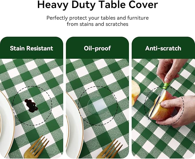 Romanstile Rectangle Vinyl PVC Tablecloth, 100% Waterproof Buffalo Plaid Plastic Table Cloth, Oil Proof Heavy Duty Wipeable Table Covers for Dining/Camping/Picnic/Outdoor - 54 x 120, Green and White
