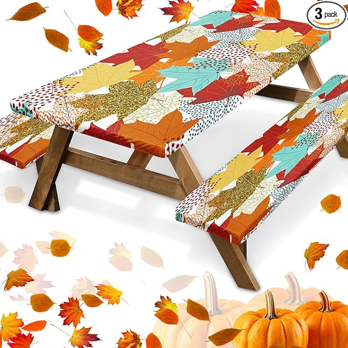 Picnic Table Cover with Bench Covers Elastic Edges, Fall Leaves Fitted Table Cover, Outdoor Patio Camping Essentials 72 Inch 3PCS, Waterproof Camping Fitted Tablecloth with Drawstring Bag