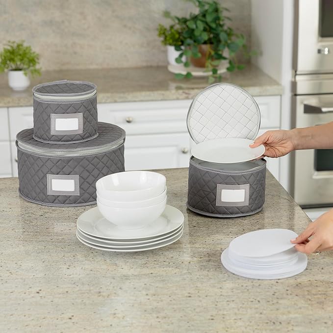 Stack Store Plus More China Storage Quilted Case for Dessert Plate, Bowls, Small Plate or Saucer - 8" W x 6" H - Gray - Includes 12 Felt Separators