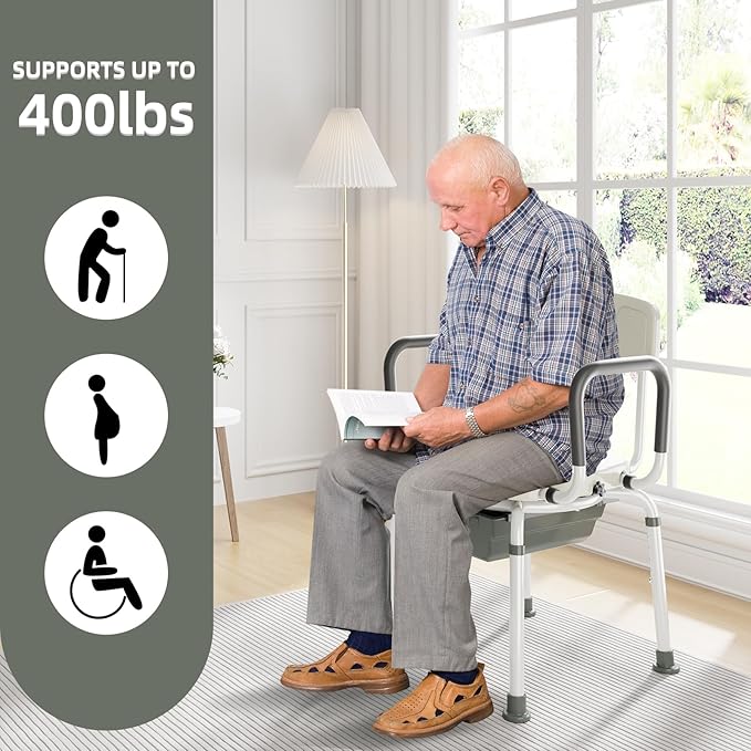 4 in 1 Bedside Commode for Seniors,Portable Toilet for Adults with Arms & Removable Bucket,Height Adjustable Commode Chair for Toilet,Swivel Shower Chair for Inside Shower for Handicapped, Adults