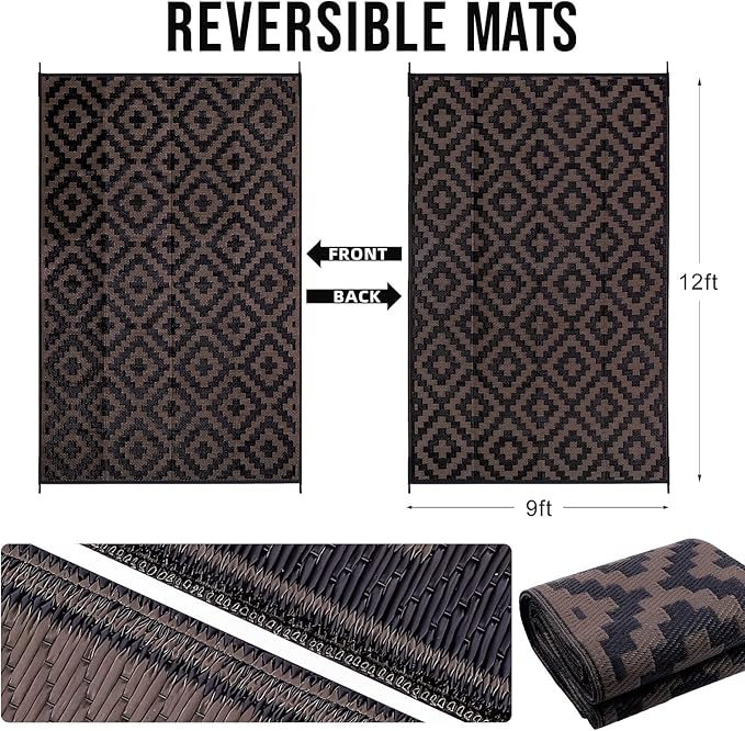OLANLY Waterproof Outdoor Rug 9x12 ft, Outdoor Plastic Straw Rug for Camping, RV Mat Outside, Outdoor Carpet for Porch, Deck, Backyard, Balcony, Picnic, Black & Brown
