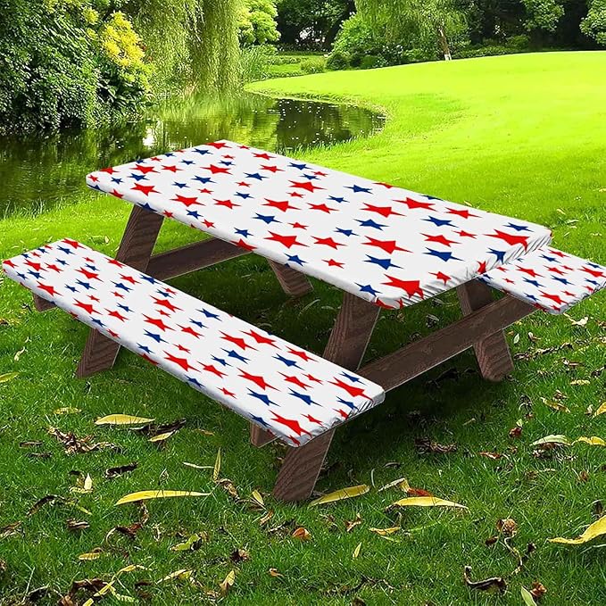CAPSCEOLL Picnic Table Cover with Bench Covers 8Ft 4Th of July Waterproof Camping Tablecloth All-Weather Outdoor Table Protector with Drawstring Bag for Camping Essentials, 96X30In, Stars