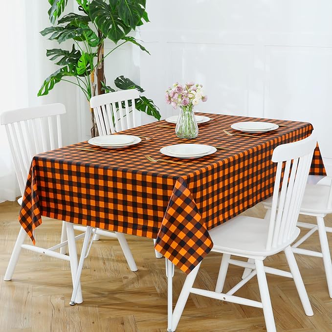 Romanstile Fall Halloween Vinyl PVC Tablecloth, 100% Waterproof Buffalo Plaid Plastic Table Cloth, Heavy Duty Wipeable Table Covers for Camping/Picnic/Outdoor - 54 x 108, Black and Orange