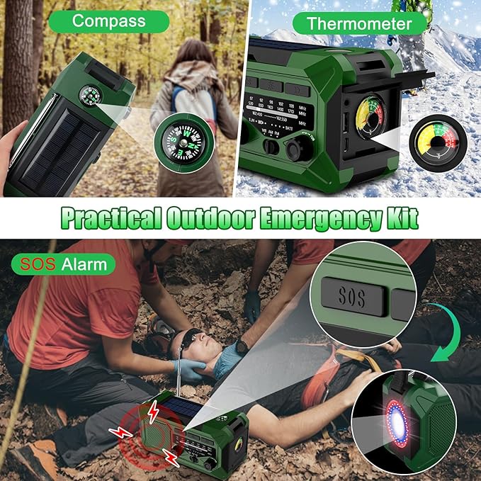 10000mAh Emergency Hand Crank Radio with LED Flashlight, AM/FM NOAA Portable Weather Alert Radio, Solar Powered Radio with Phone Charger, USB Charged, Headphone Jack, SOS Alarm, Compass for Outdoors