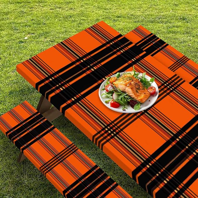 CAPSCEOLL Fitted Picnic Table Cover with Bench Covers with Elastic 6Ft Waterproof Camping Picnic Table Cover Cloths for Outdoors Camping Tablecloth with Drawstring Bag, 72X30in, Orange Plaid