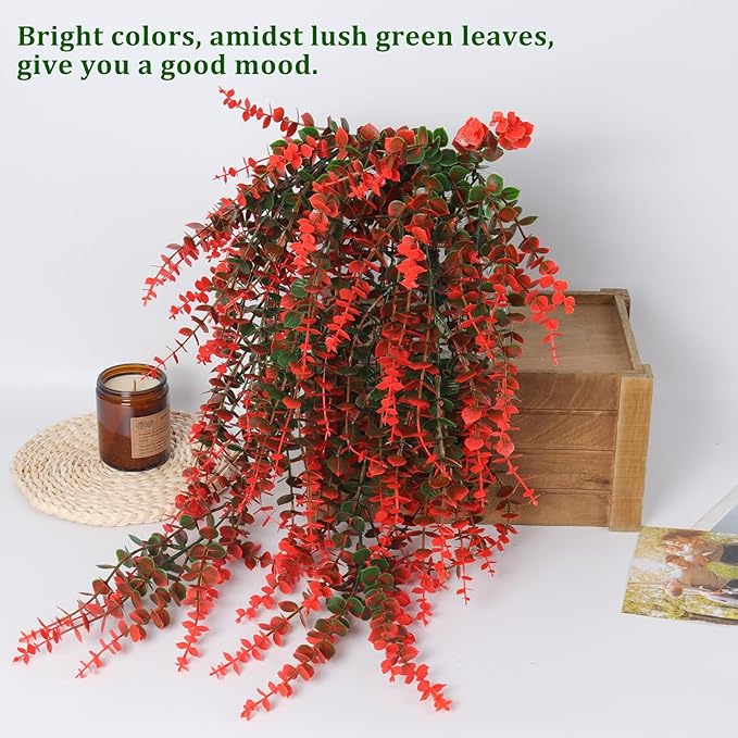 RECUTMS Artificial Monkey Hanging Plant Fake Artificial Eucalyptus Leaf Plants Faux UV Resistant Artificial Plants for Indoor Wall Room Decoration Home Backgarden Yard Porch Outdoor Decor(Orange)