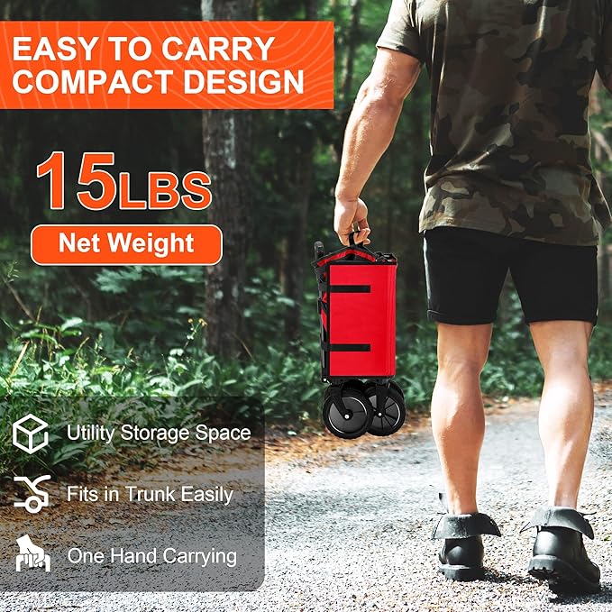 Collapsible Wagon Carts,Folding Wagon Cart with All Terrain Wheels,Heavy Duty Garden Carts with Adjustable Handle,Outdoor Utility Wagon for Camping Shopping Sports Fishing(Red)